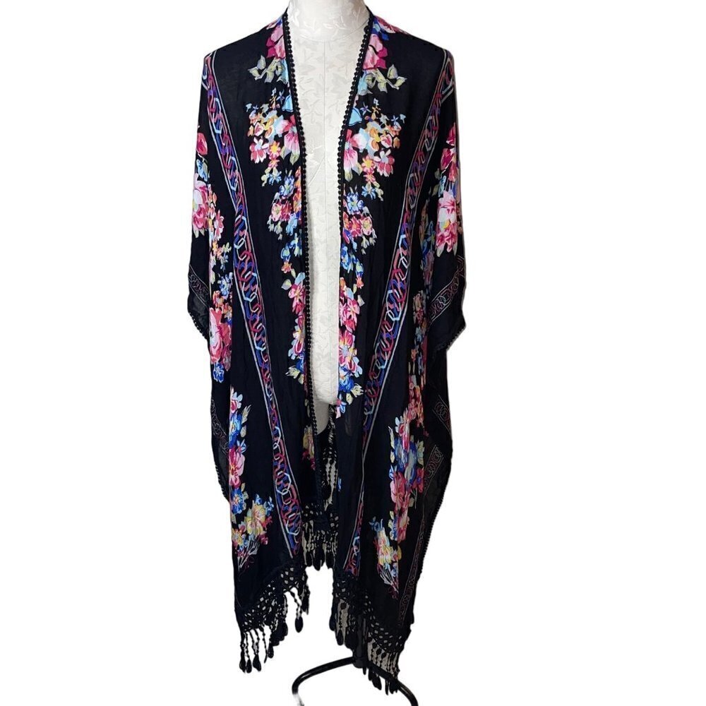 Woven Heart Womens Kimono Duster Size XL Black Floral Long Fringed Crochet Lace